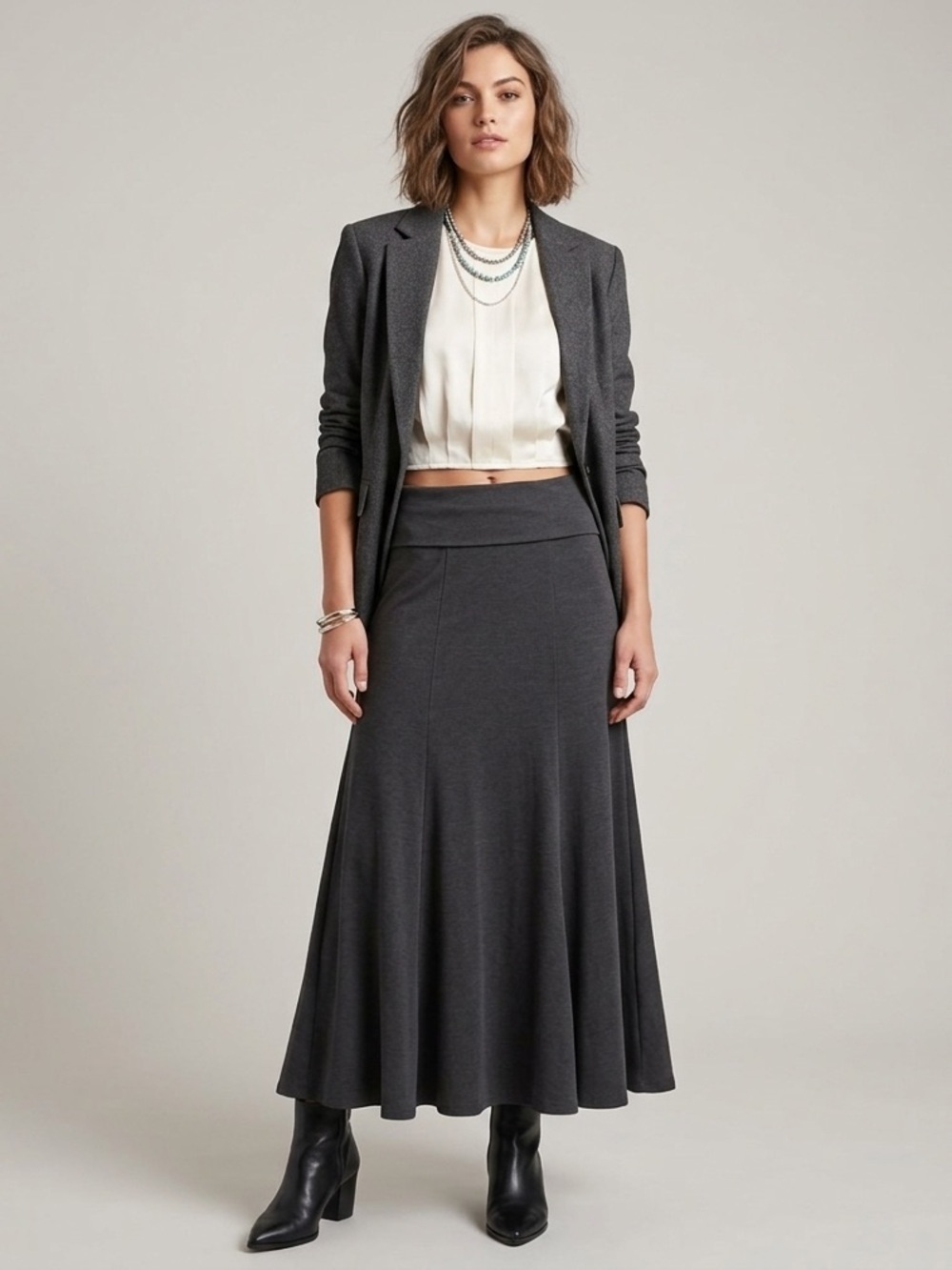 CAbi Maxi Skirt Medium Black Stretch Maxi A-Line Fold Over
Waist Knit Flare